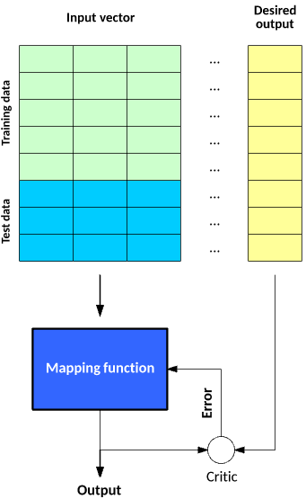 Model showing the flow from input vector through the mapping function to the output, and from there through the critic and to the desired output