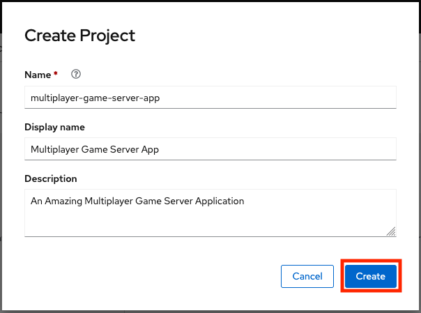 Create Project window with Create button highlighted