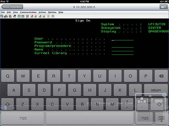 iPad displaying 5250 emulation running on IBM i