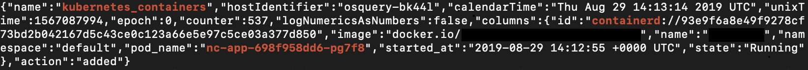 Screen capture of output of kubernetes_container query
