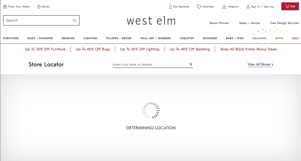 West Elm website's store locator using geolocation