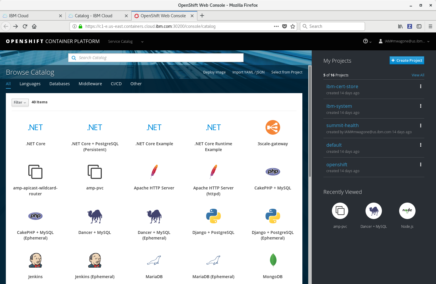 Screen capture of the service catalog in the Red Hat OpenShift web console