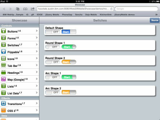 An iPad screen showing fixed modules on the screen with a left left column of controls and a right column of switches.