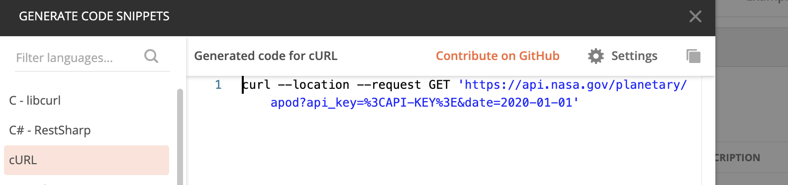 Screen capture showing generated curl command in Postman