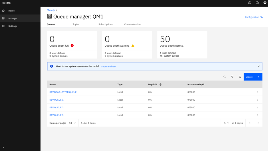 Screen shot of IBM MQ queue manager screen