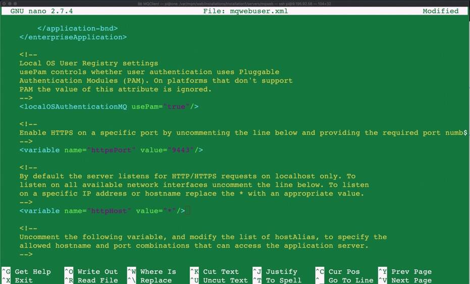 Screen shot of the mqwebuser.xml file in an editor