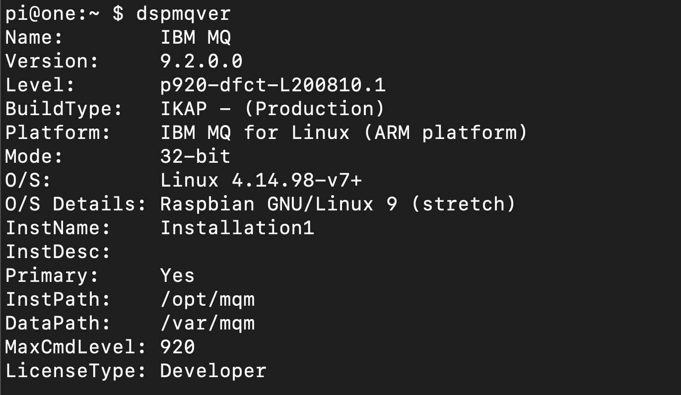 Output of the dspmqver command