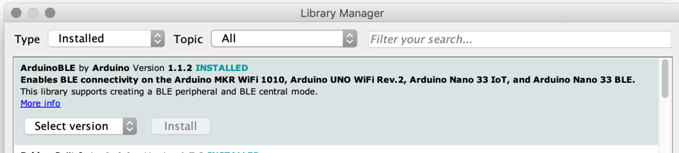 ArduinoBLE library is installed
