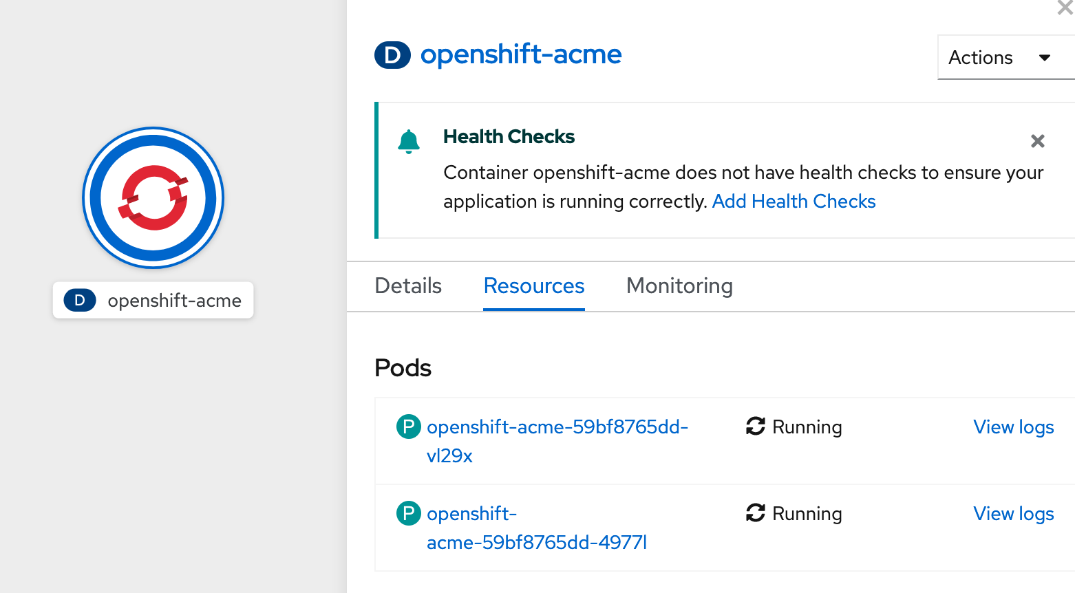 Screenshot de página mostrando los Pods de OpenShifht-ACME