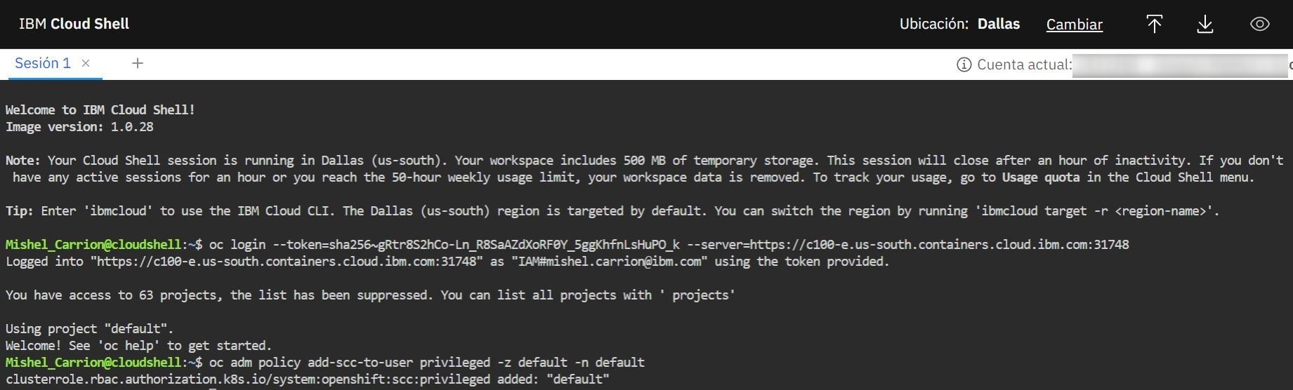 Screenshot de la consola de IBM Cloud Shell
