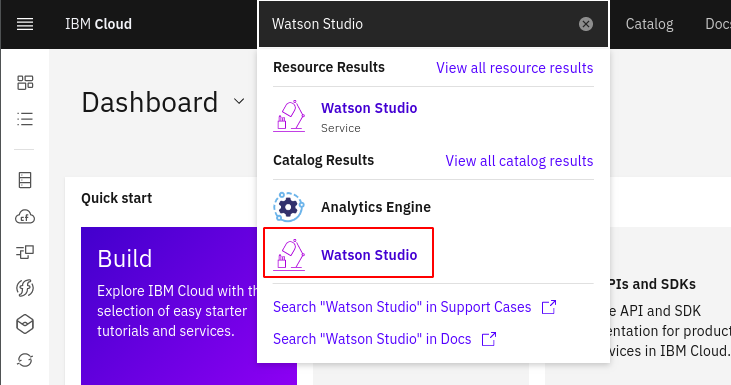 Selección de Watson Studio en el catálogo de IBM Cloud