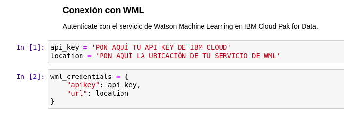 Código de autenticación con Watson Machine Learning