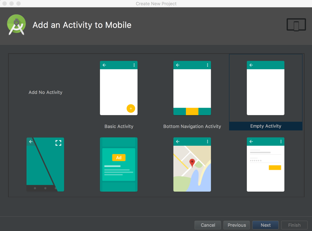 Screen shot of Add an Activity to Mobile dialog in Android Studio