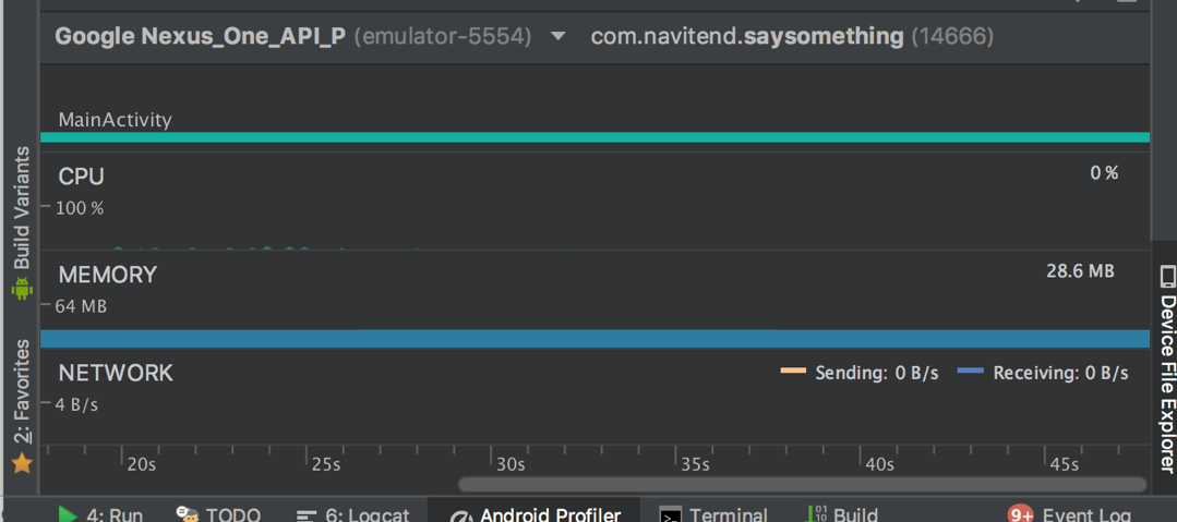 Screen shot of the Android Profiler for the running sample app