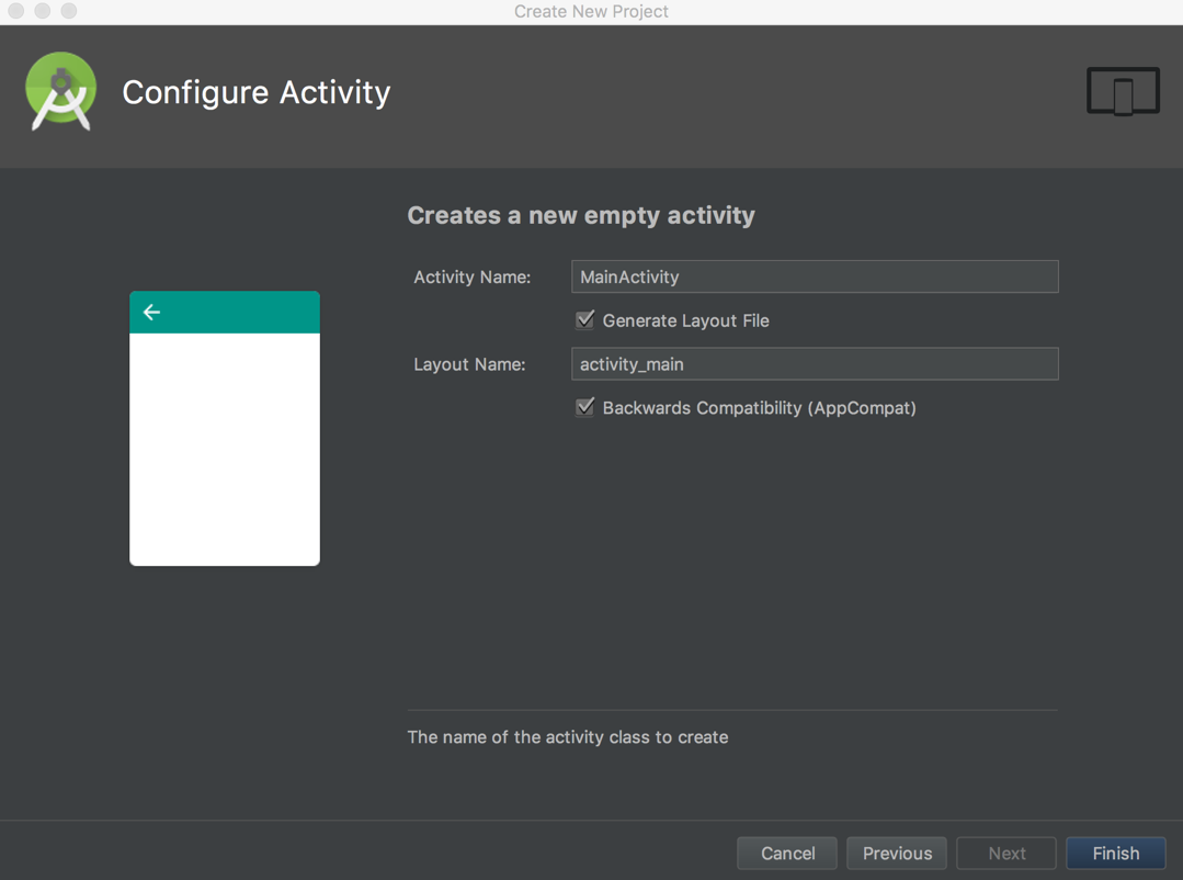 Screen shot of Configure Activity dialog in Android Studio