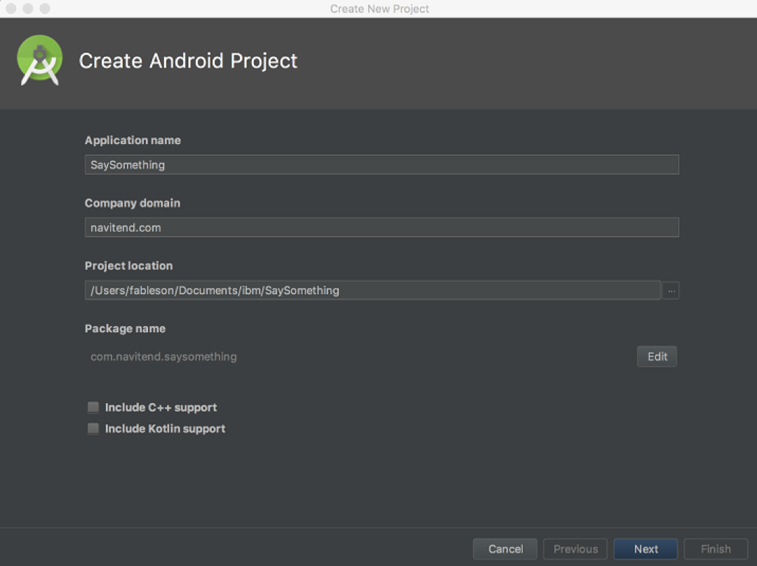 Screen shot of Create New Project dialog in Android Studio