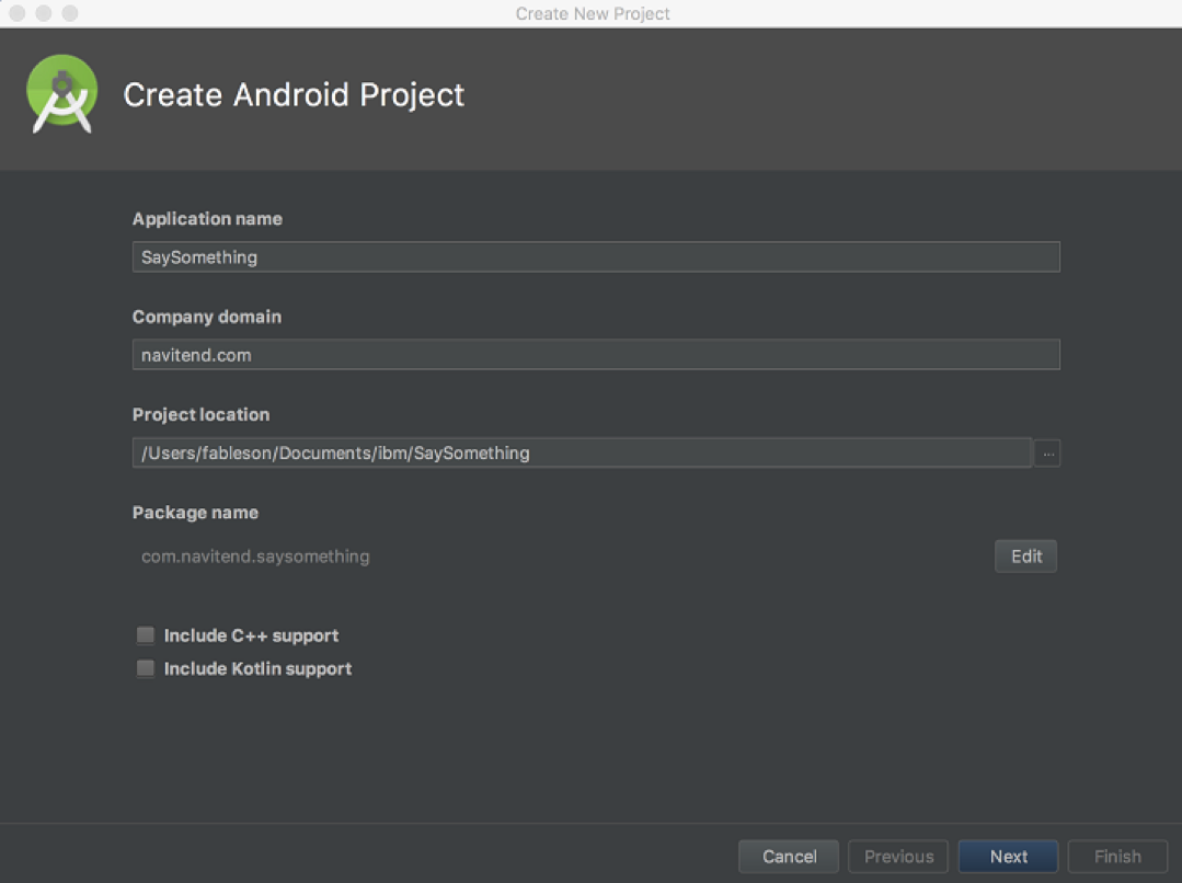 skärmdump av Skapa nytt projekt dialog i Android Studio