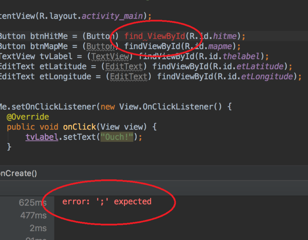 Screen shot of intentional error in source code