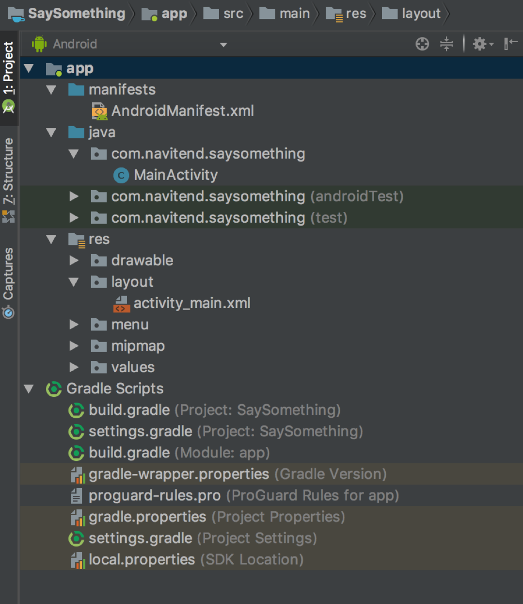 Screen shot of New Project files shown in the Project section of Android Studio