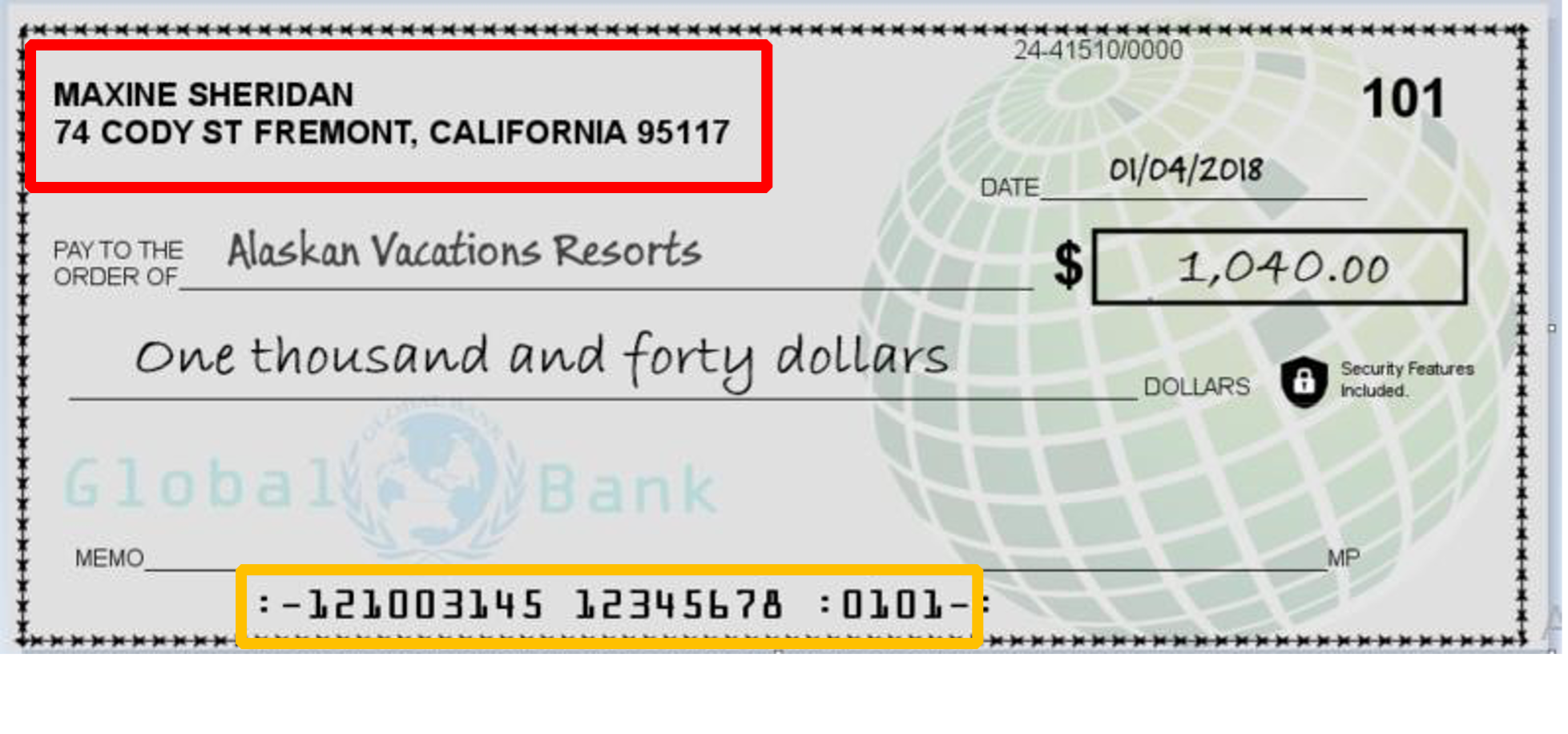Un cheque bancario con los datos importantes resaltados
