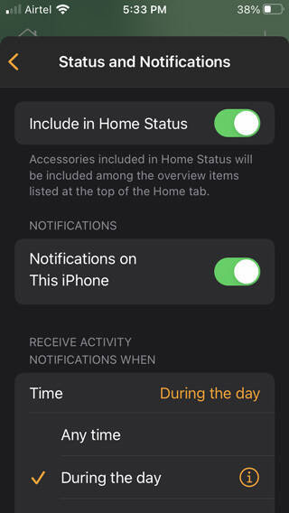 Apple Home app, notification settings
