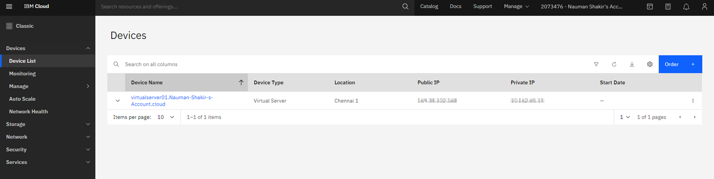 Screenshot of new virtual private server in Devices list in IBM Cloud