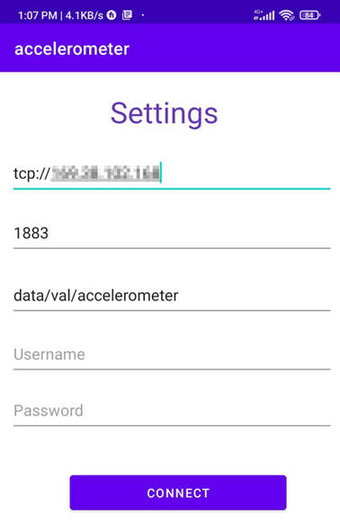 Screenshot of the Android smartphone app settings, specifying the IP address and topic name data/val/accelerometer