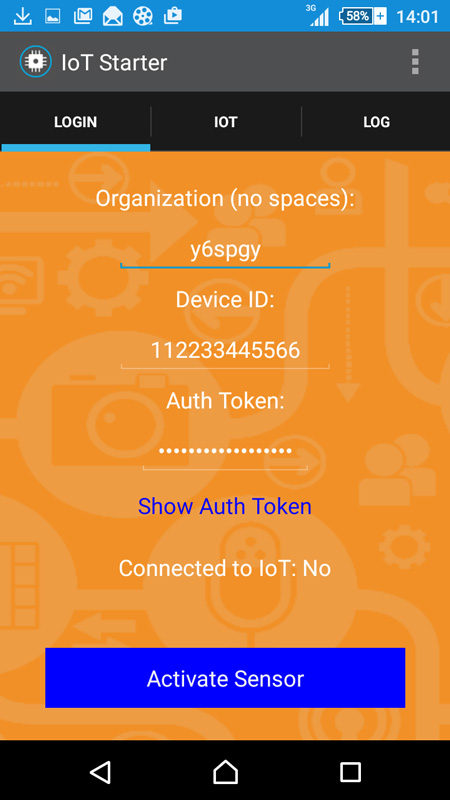 Printscreen da tela inicial do app IoT Starter solicitando as informações de login.