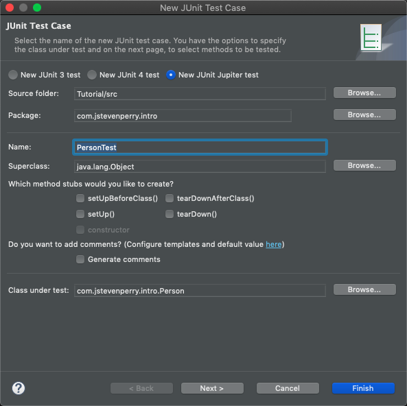 Screenshot of the first dialog box for creating a JUnit test case