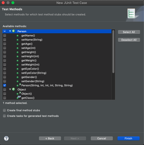 Screenshot of the Test Methods dialog box for creating a JUnit test case