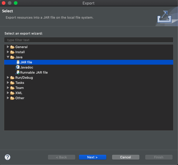 Screenshot of the Eclipse export dialog box.
