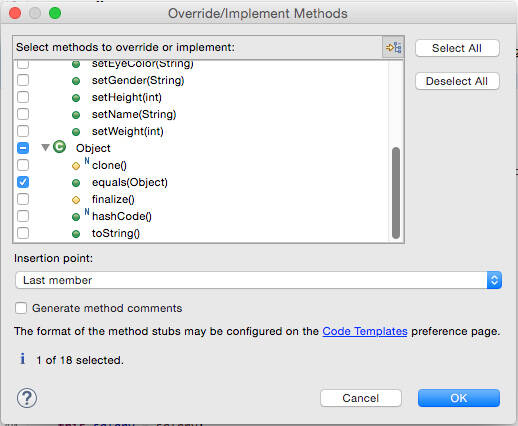 The Override/Implement Methods dialog box in Eclipse.
