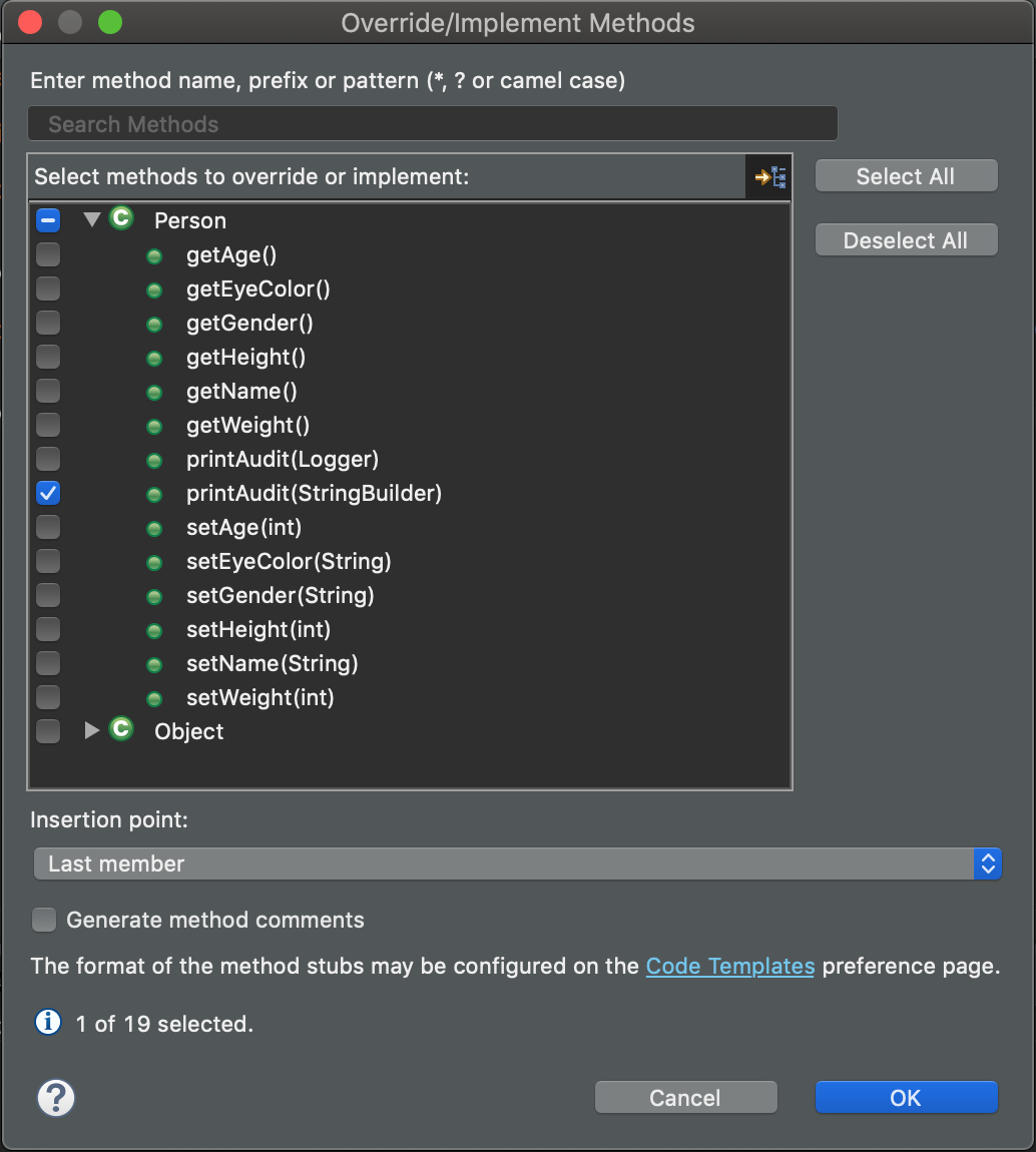 Screenshot of the Override/Implement Methods dialog box