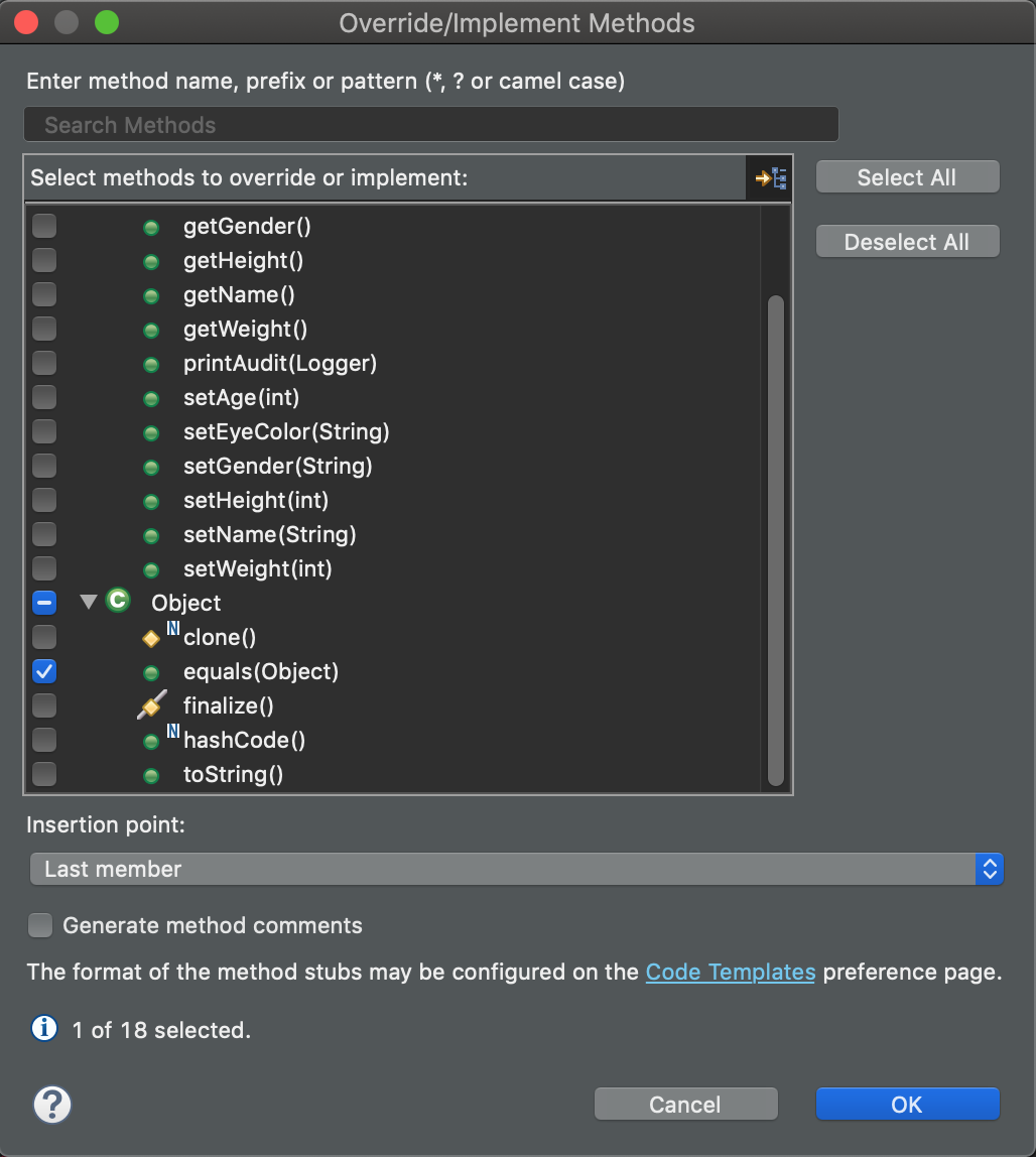 Screenshot of the Override/Implement Methods dialog box in Eclipse.