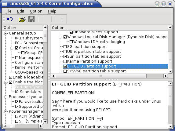 Kernel configuration: Select Enable the Block Layer, Partition Types, EFI GUID Partition Support