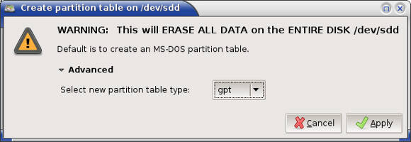GParted label creation dialog box