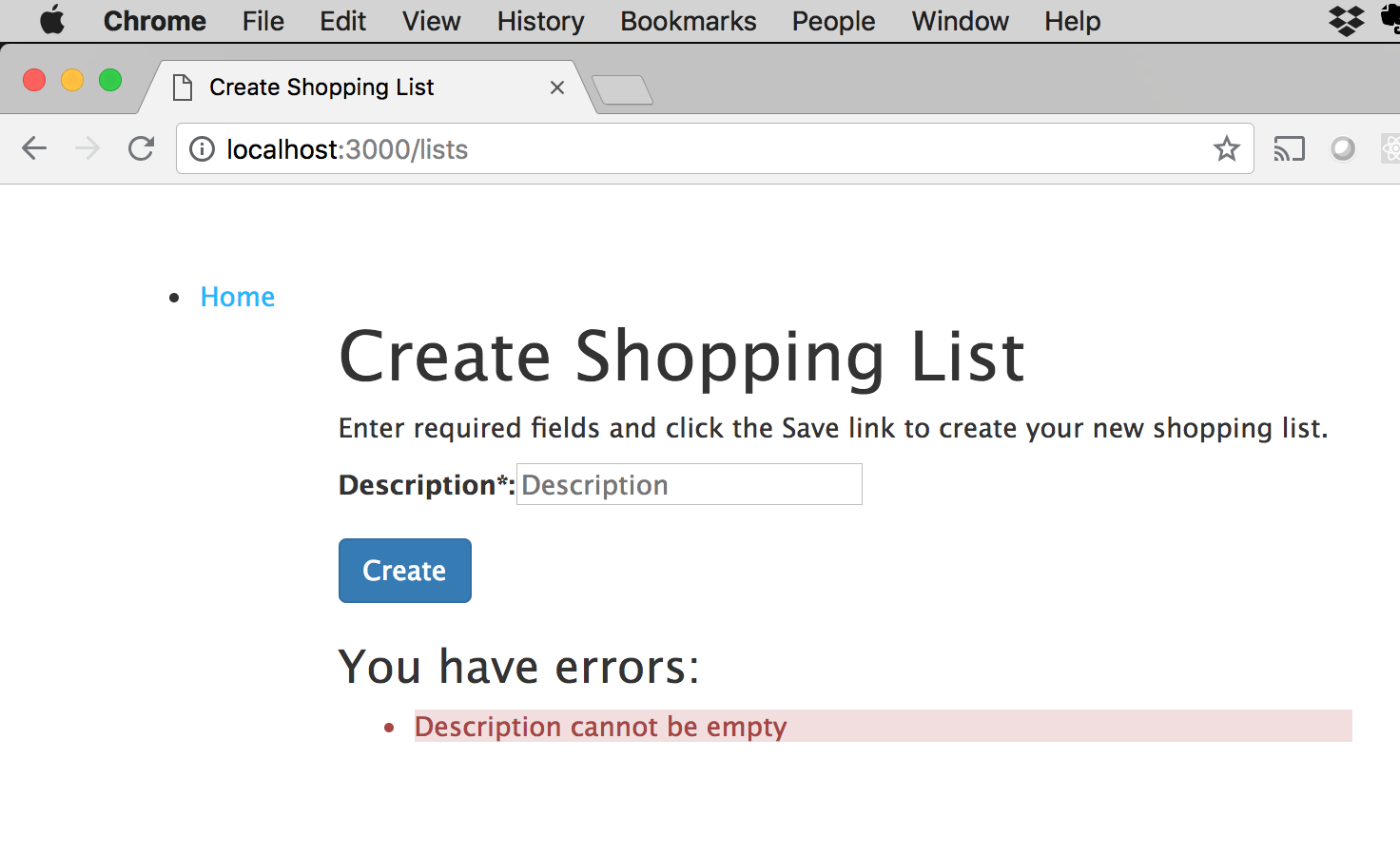 Create Shopping List page with validation error