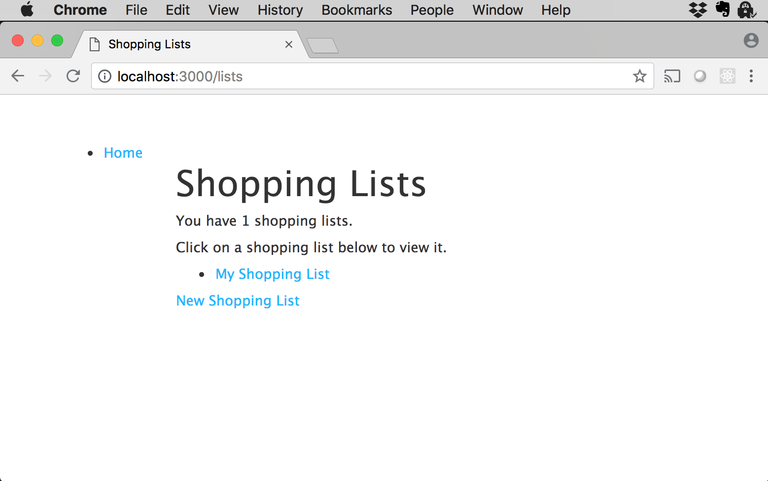 Shopping List application main screen after creating a new shopping list