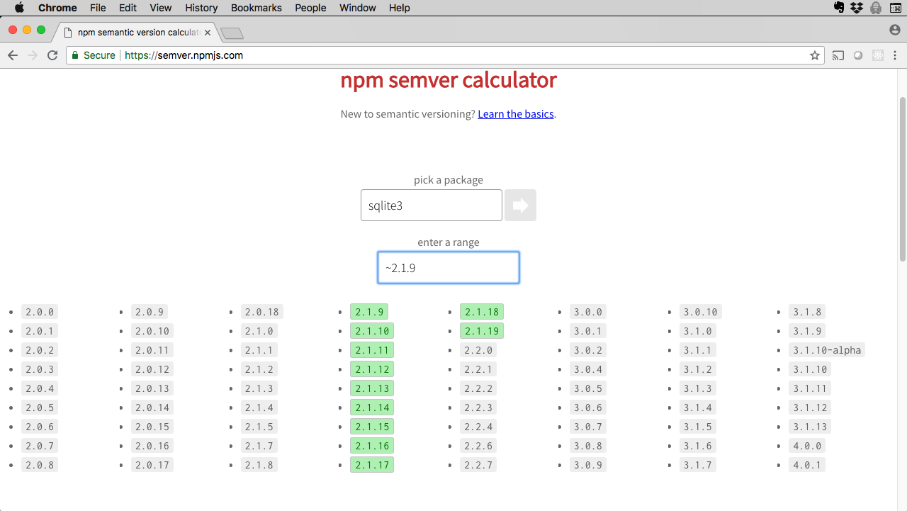 Figure 1. npm semver calculator showing ~2.1.9 rule for sqlite3