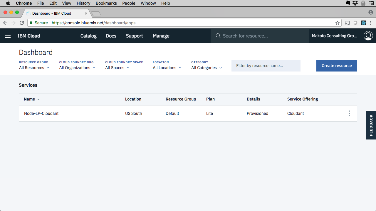 IBM Cloud dashboard showing the newly created Cloudant service