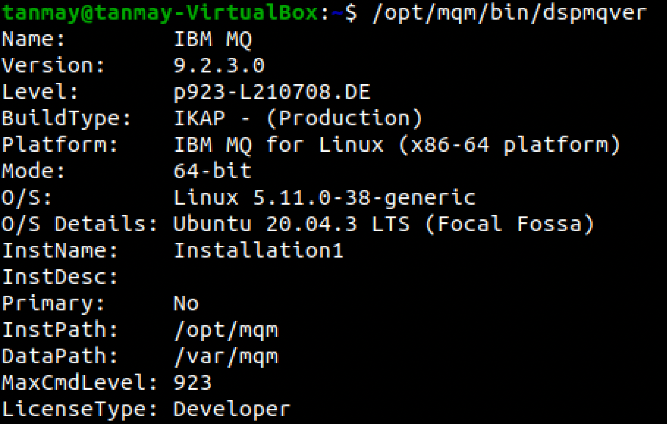 Output after installing IBM MQ
