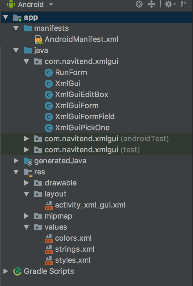 Screen capture of project structure in Android Studio