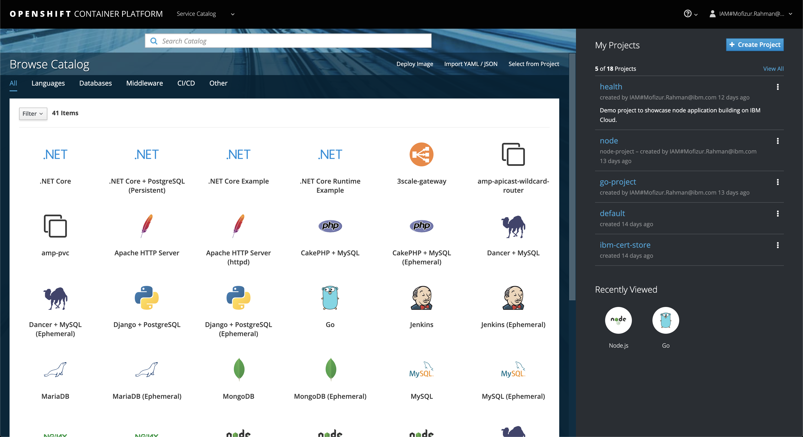 OpenShift dashboard on IBM Cloud screen capture