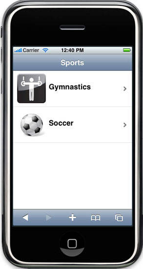 Screen capture of offline Web app running on iPhone simulator for Sports app with Gymnastics and Soccoer options